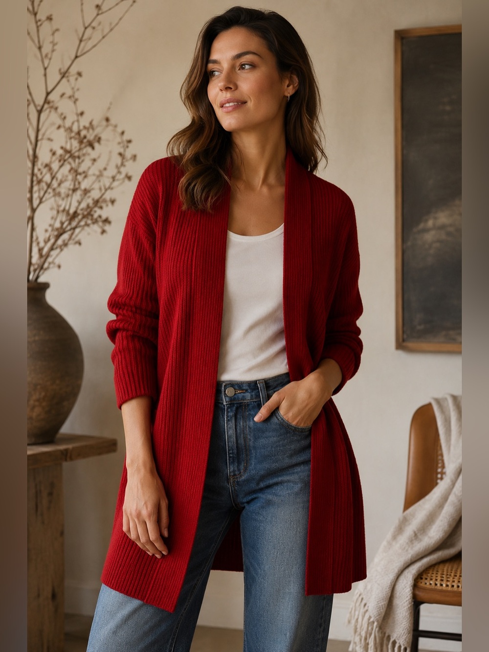 Vintage Eileen Fisher Merino Wool Chunky Cardigan Sweater Jacket Ribbed Knit Red